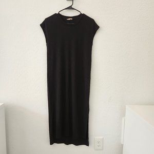 Madewell Black Dress Cap Sleeve Midi size Small Crew Neck High Low Side Slits